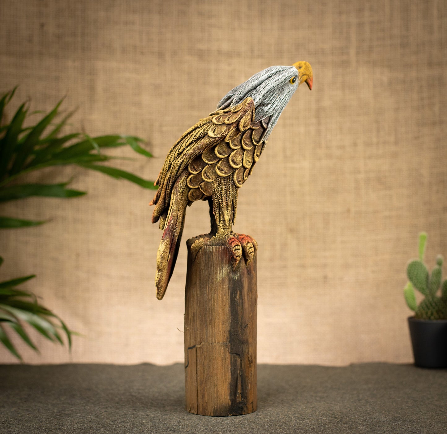 Hand Made Hand Painted Wood-Paste Eagle On A Stump