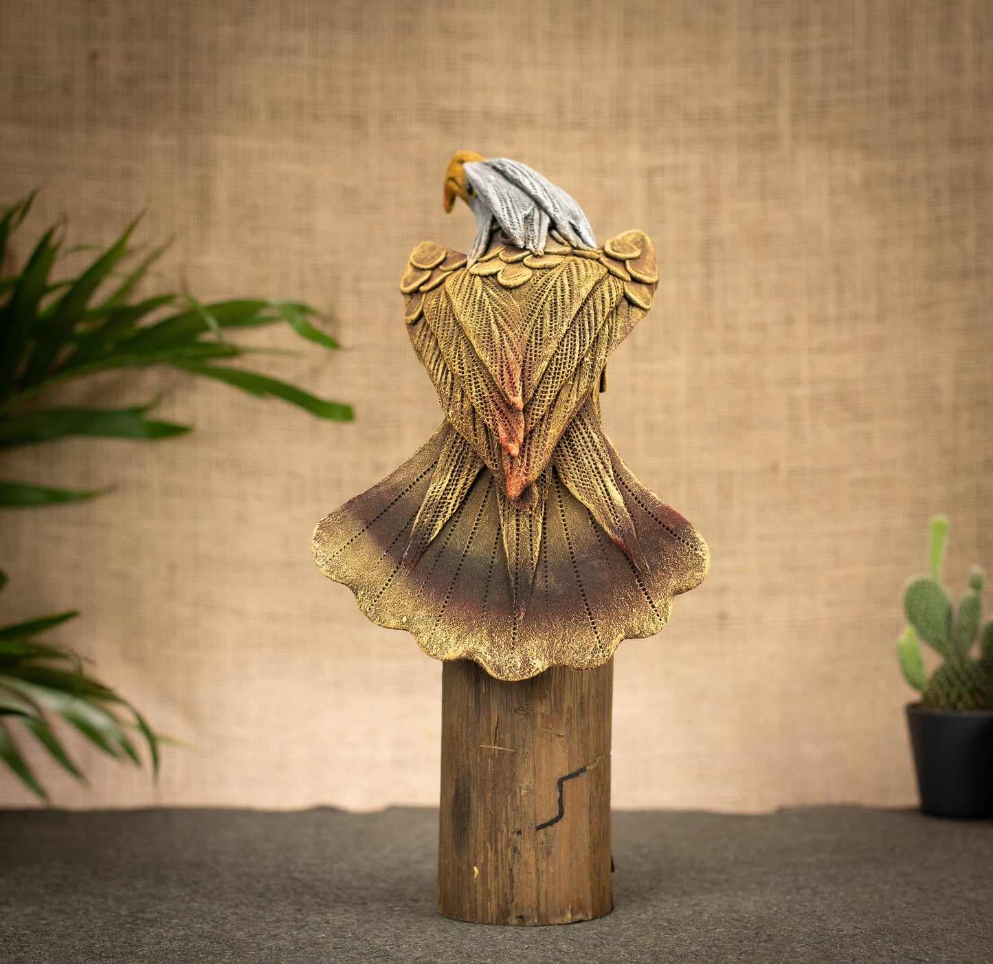 Hand Made Hand Painted Wood-Paste Eagle On A Stump