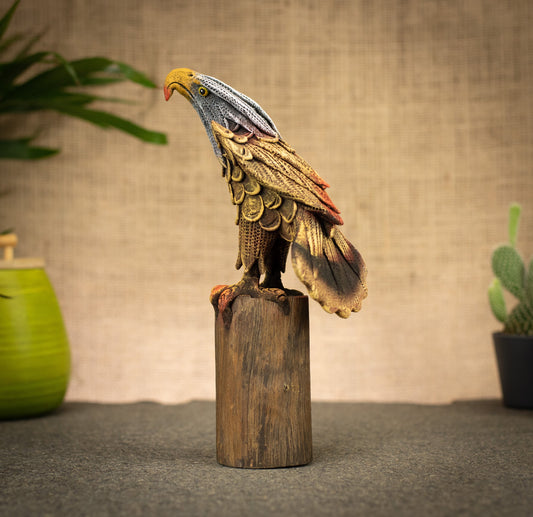 Hand Made Hand Painted Wood-Paste Eagle On A Stump