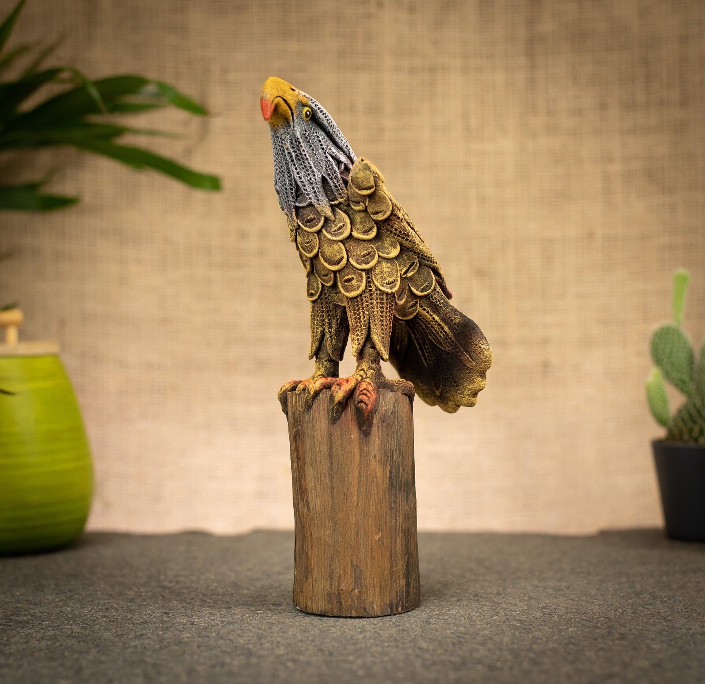 Hand Made Hand Painted Wood-Paste Eagle On A Stump