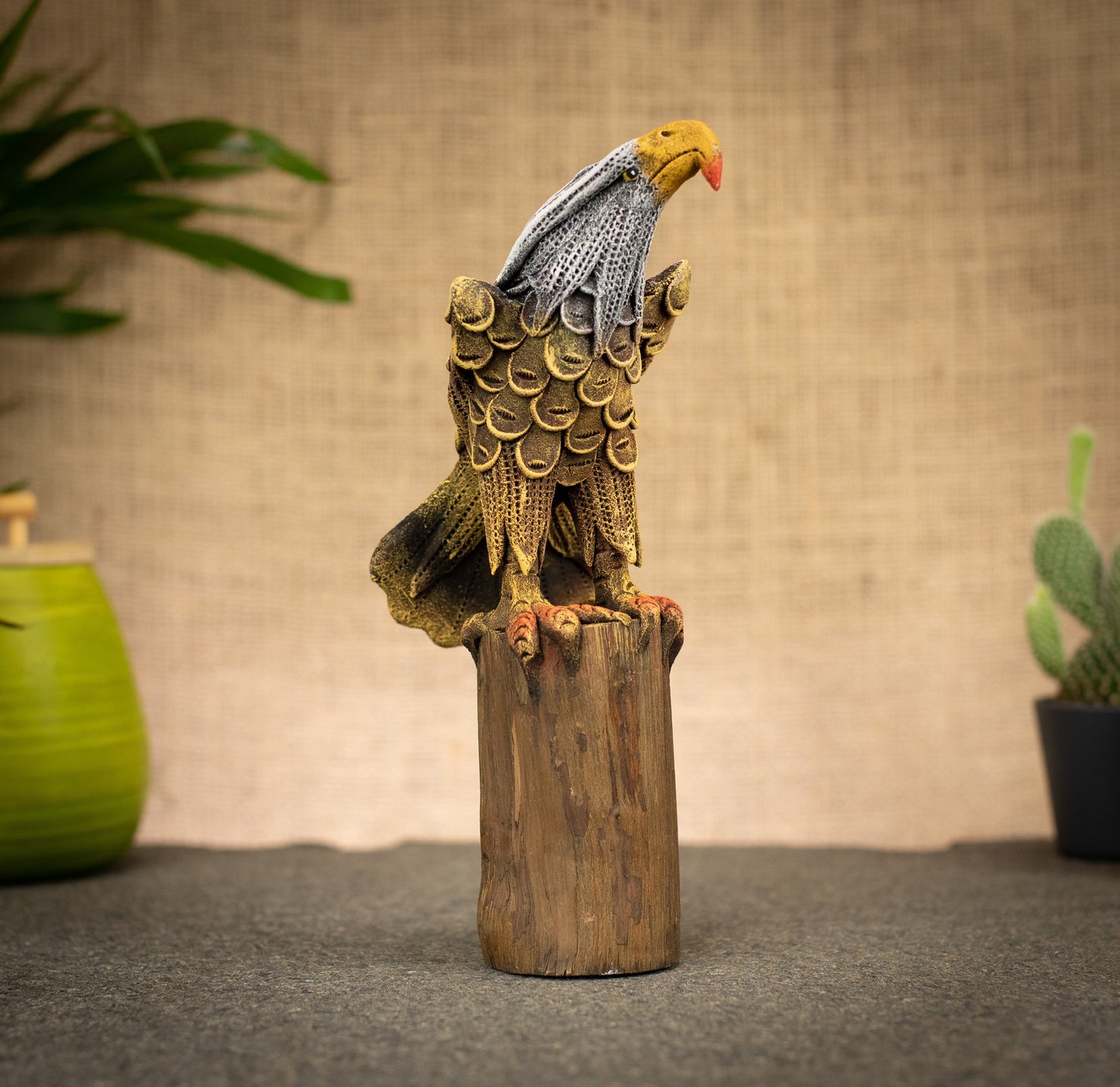 Hand Made Hand Painted Wood-Paste Eagle On A Stump