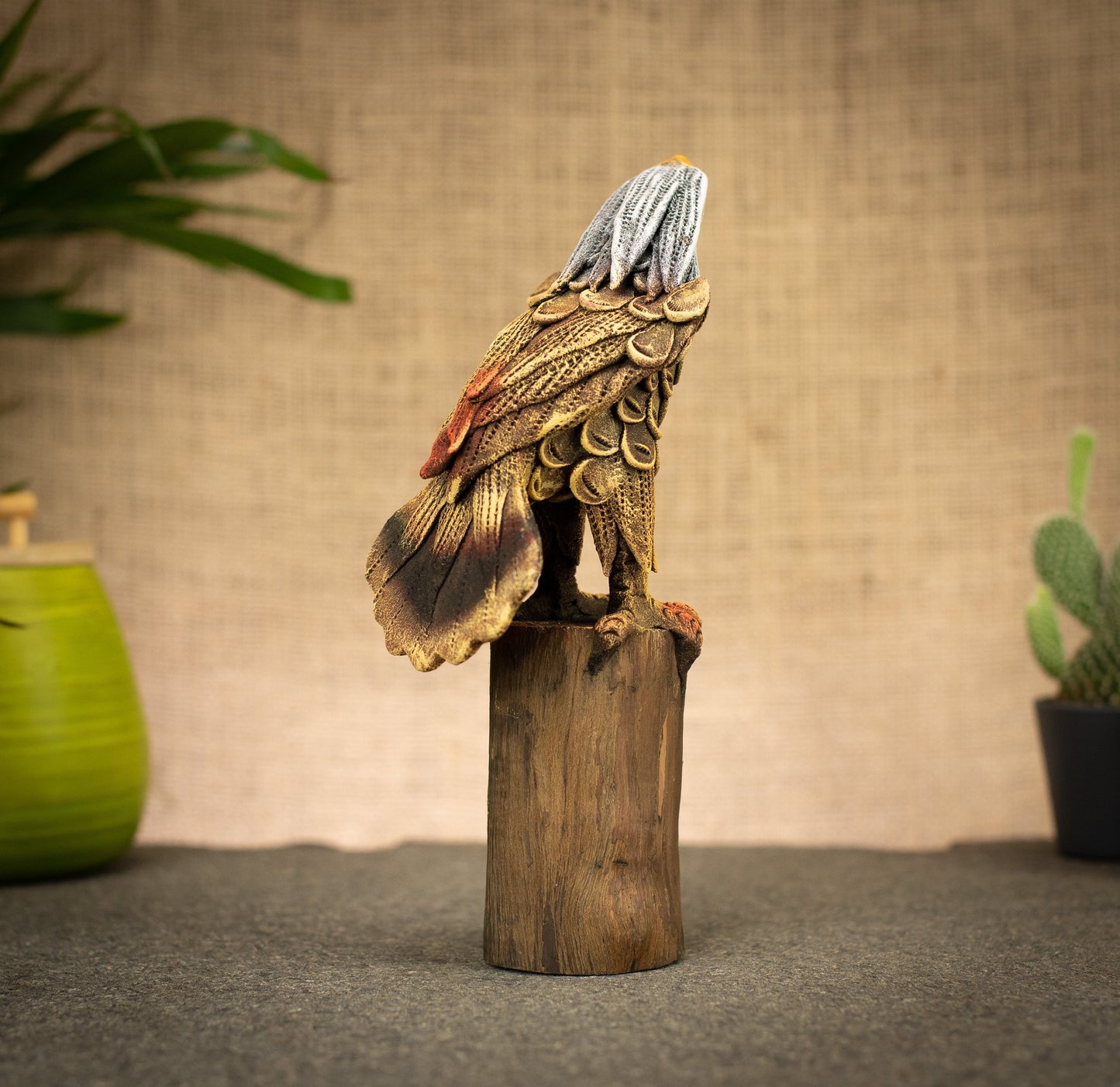 Hand Made Hand Painted Wood-Paste Eagle On A Stump