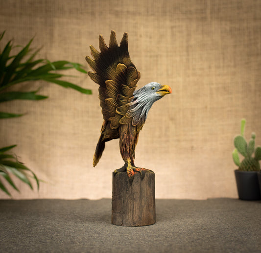 Hand Made Hand Painted Wood-Paste Flying Eagle on Stump