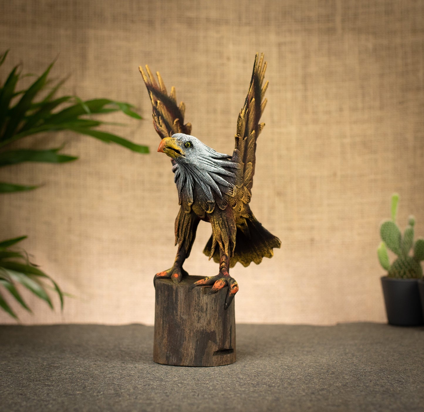 Hand Made Hand Painted Wood-Paste Flying Eagle on Stump