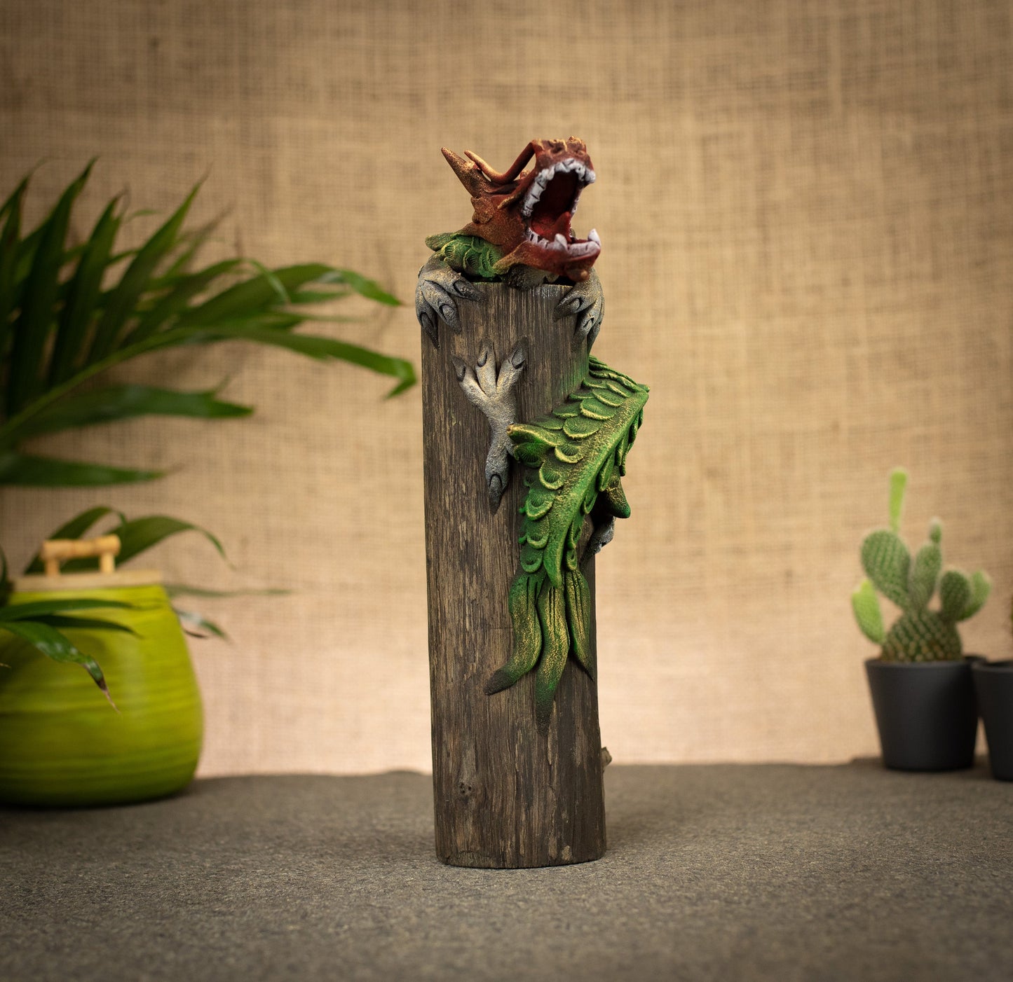 Hand Made Hand Painted Wood-Paste Chinese Dragon On Stump