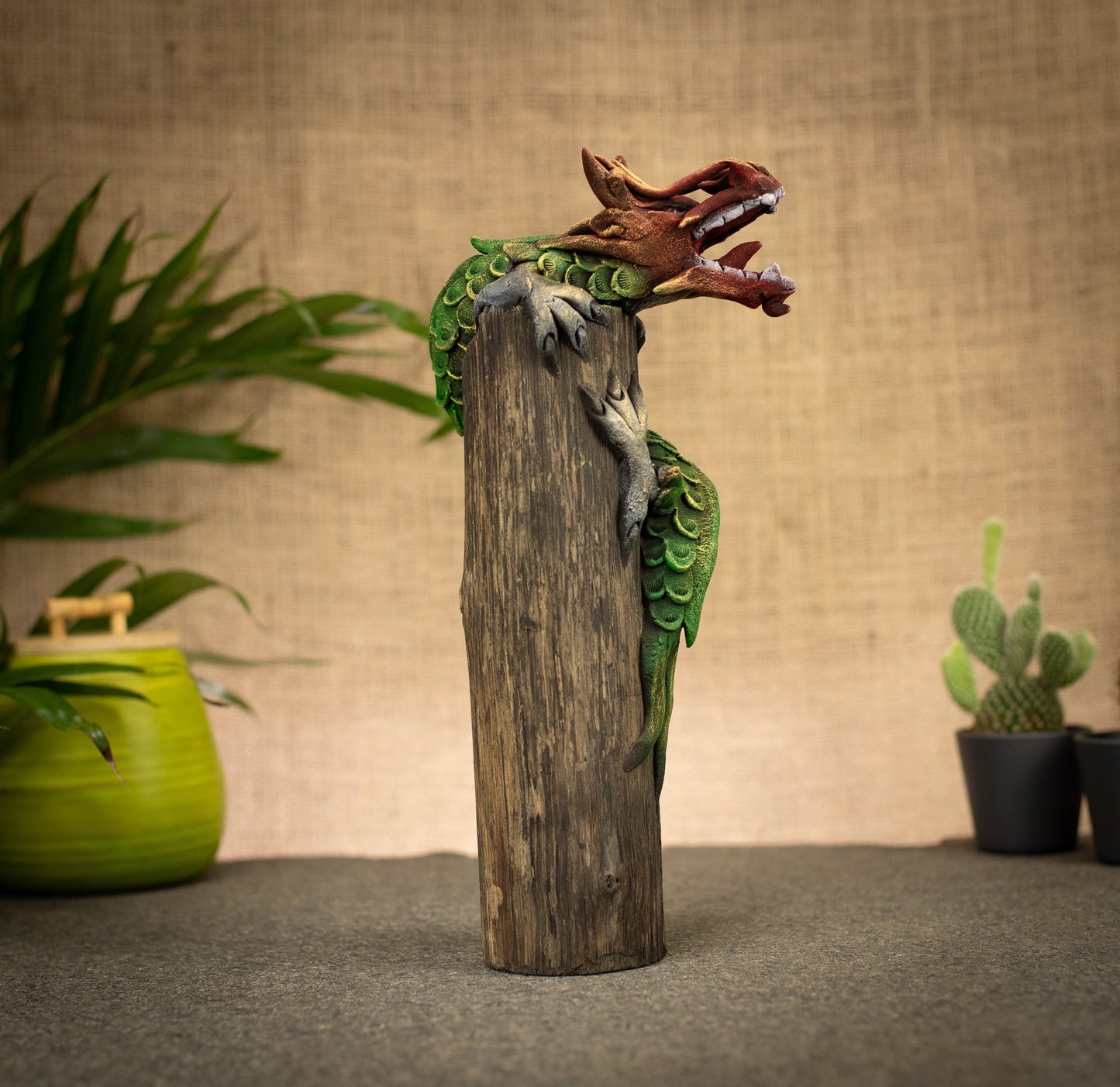 Hand Made Hand Painted Wood-Paste Chinese Dragon On Stump