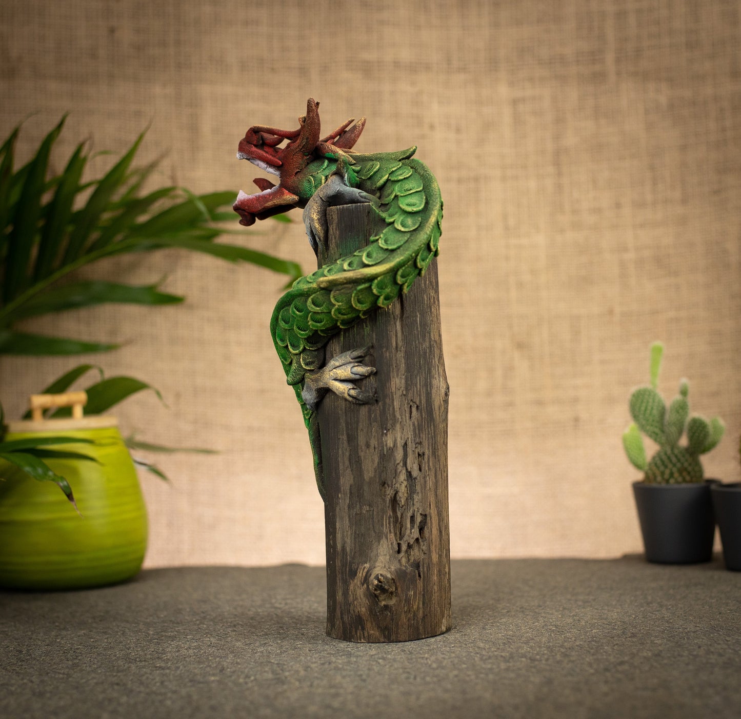 Hand Made Hand Painted Wood-Paste Chinese Dragon On Stump
