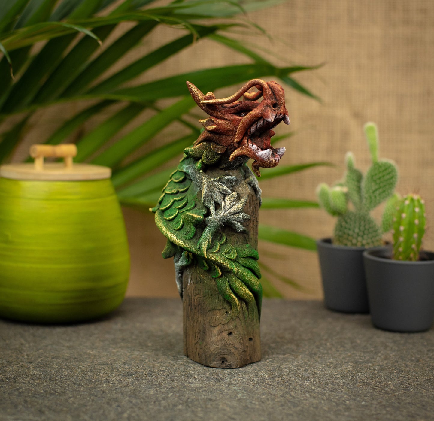 Hand Made Hand Painted Wood-Paste Chinese Dragon On Stump