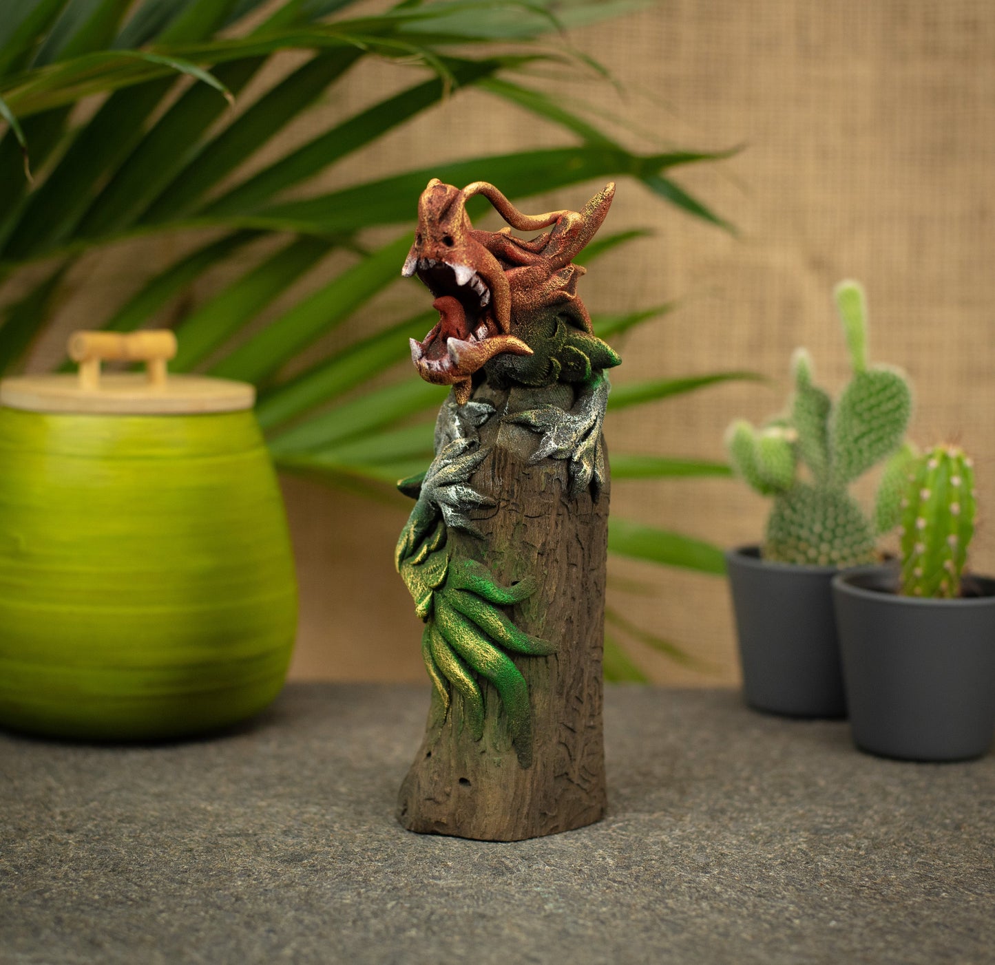 Hand Made Hand Painted Wood-Paste Chinese Dragon On Stump