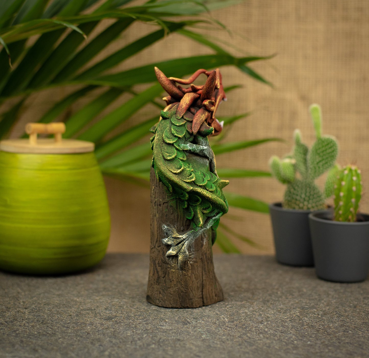 Hand Made Hand Painted Wood-Paste Chinese Dragon On Stump