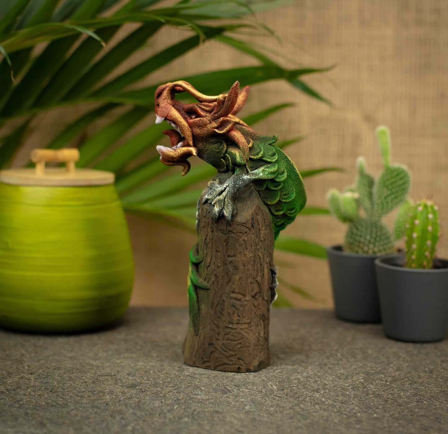 Hand Made Hand Painted Wood-Paste Chinese Dragon On Stump
