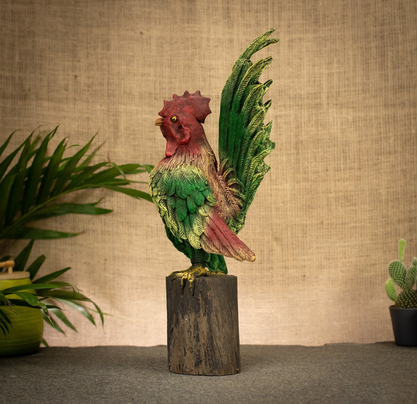 Hand Made Hand Painted Wood-Paste Cockerel on Stump