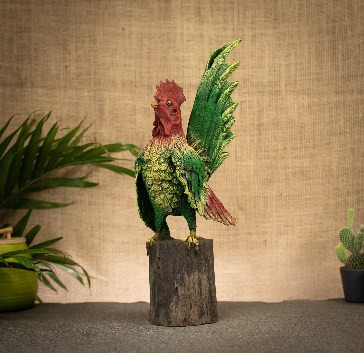Hand Made Hand Painted Wood-Paste Cockerel on Stump