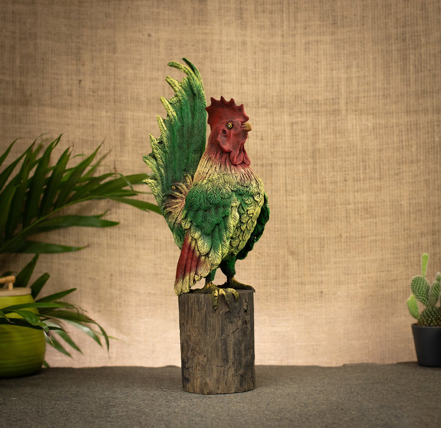 Hand Made Hand Painted Wood-Paste Cockerel on Stump