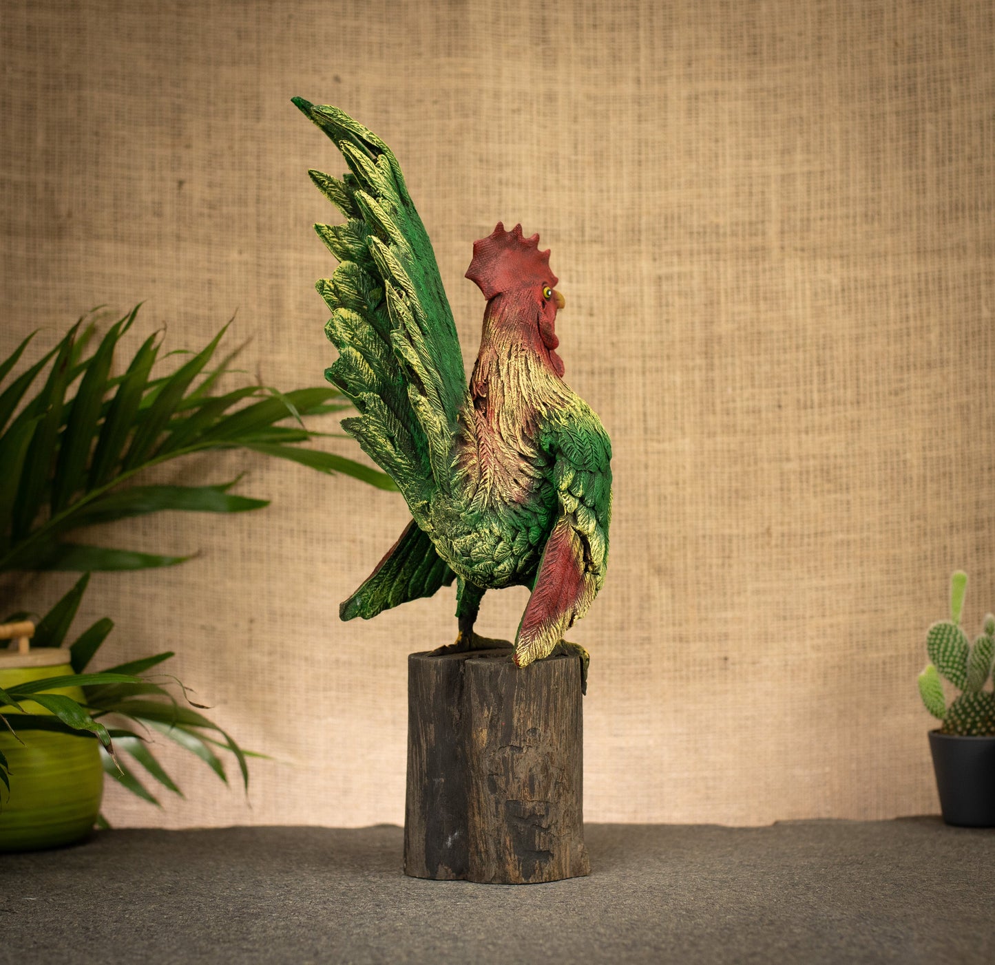 Hand Made Hand Painted Wood-Paste Cockerel on Stump