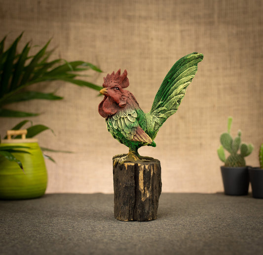 Hand Made Hand Painted Wood-Paste Cockerel on Stump