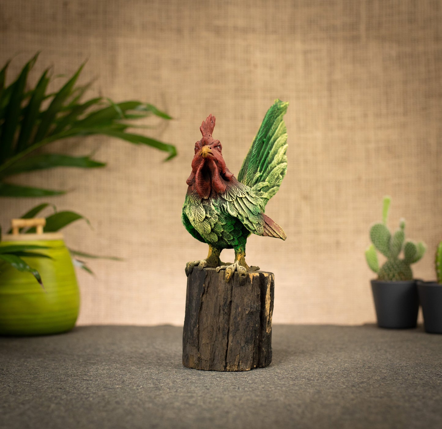 Hand Made Hand Painted Wood-Paste Cockerel on Stump