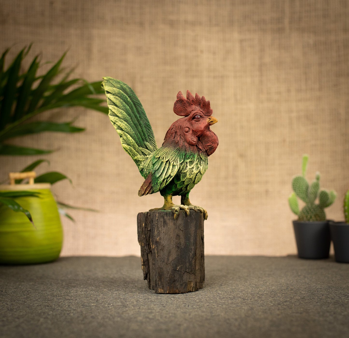 Hand Made Hand Painted Wood-Paste Cockerel on Stump