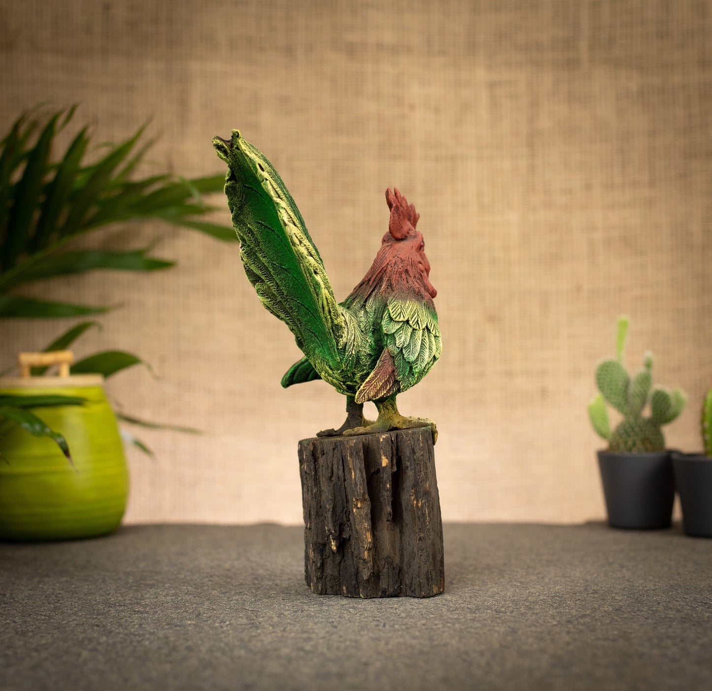 Hand Made Hand Painted Wood-Paste Cockerel on Stump