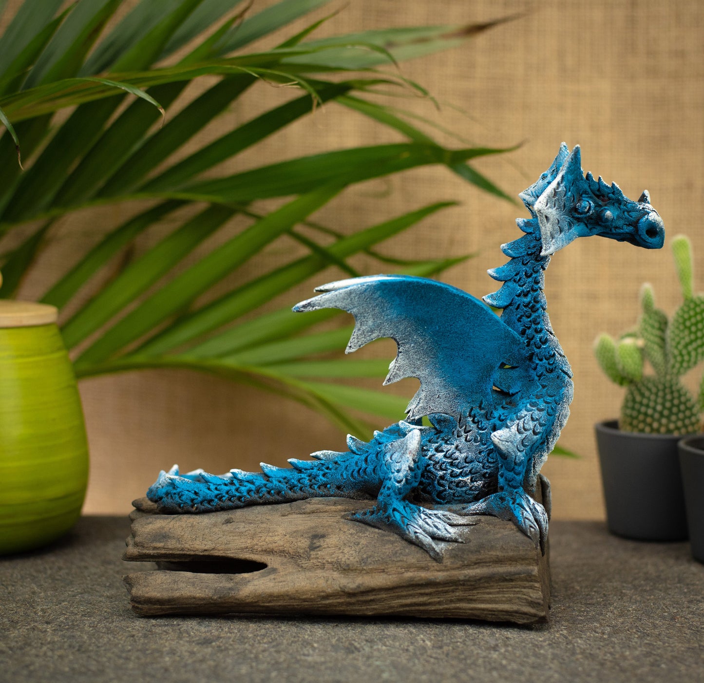 Hand Made Hand Painted Wood-Paste Flying Dragon On A Log