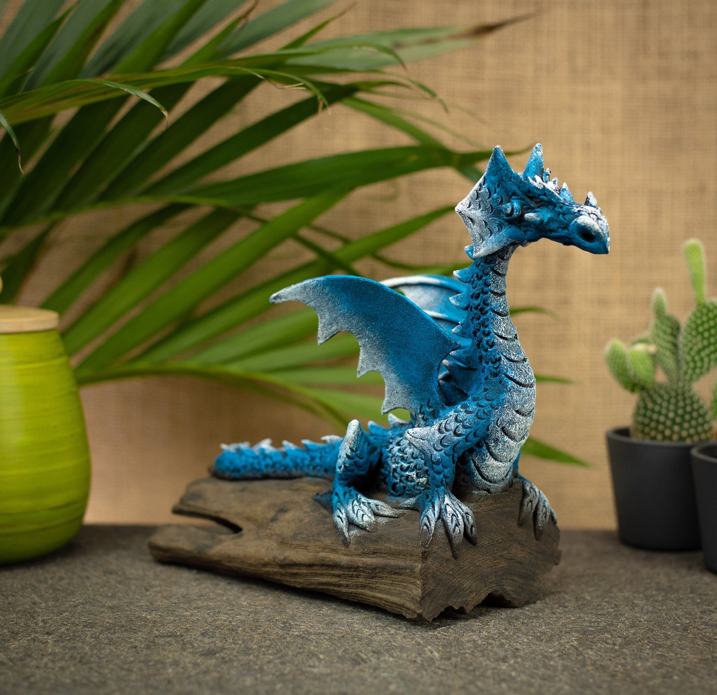 Hand Made Hand Painted Wood-Paste Flying Dragon On A Log