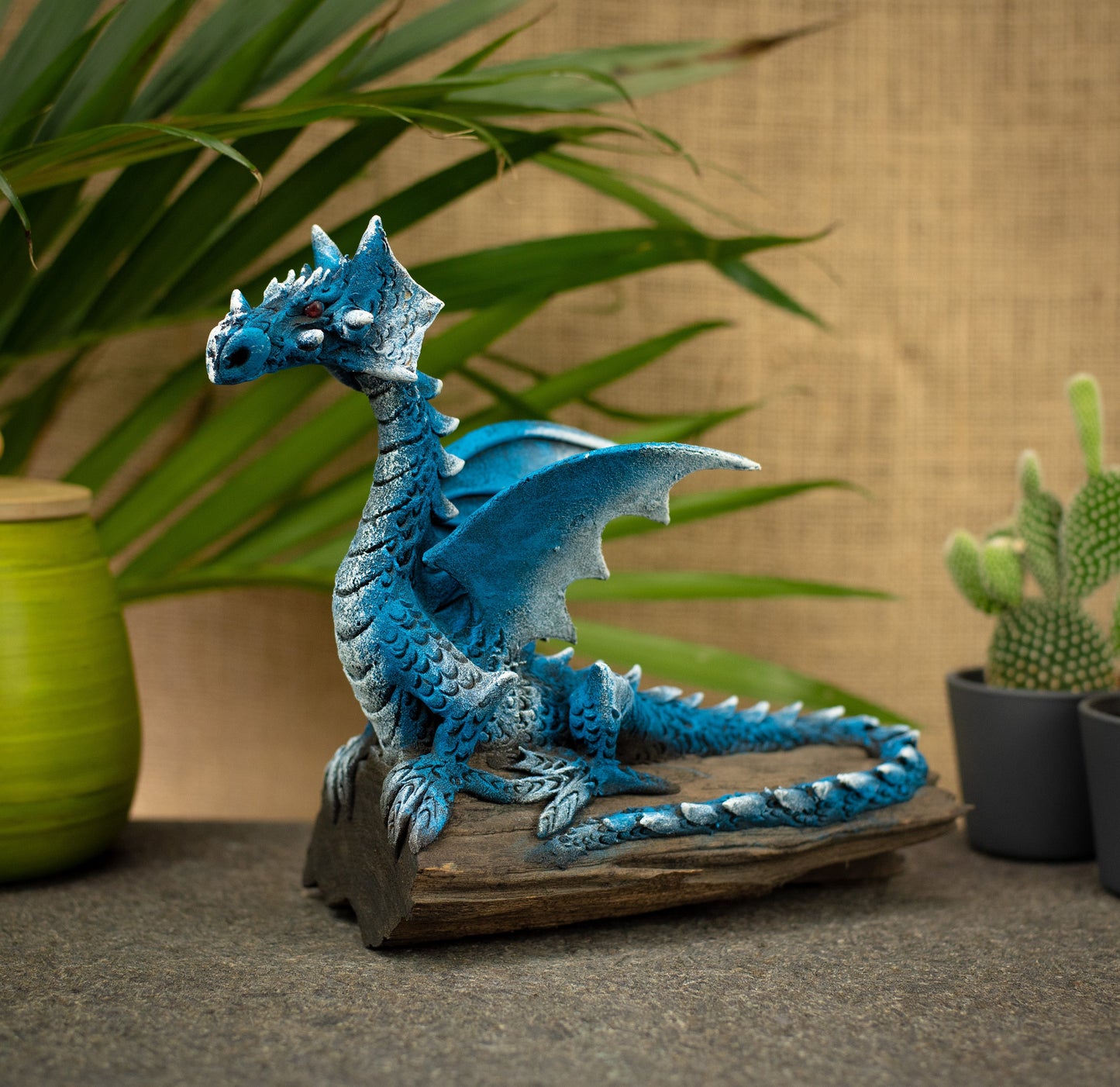 Hand Made Hand Painted Wood-Paste Flying Dragon On A Log