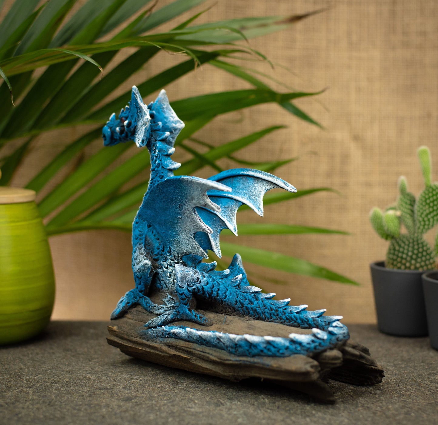 Hand Made Hand Painted Wood-Paste Flying Dragon On A Log