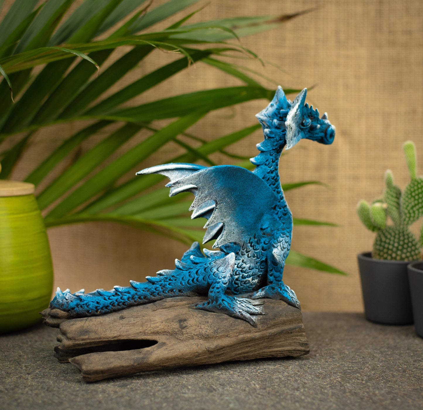 Hand Made Hand Painted Wood-Paste Flying Dragon On A Log