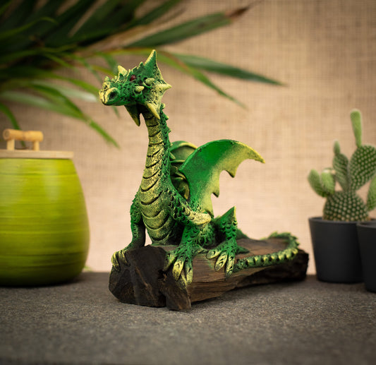 Hand Made Hand Painted Wood-Paste Flying Dragon On A Log