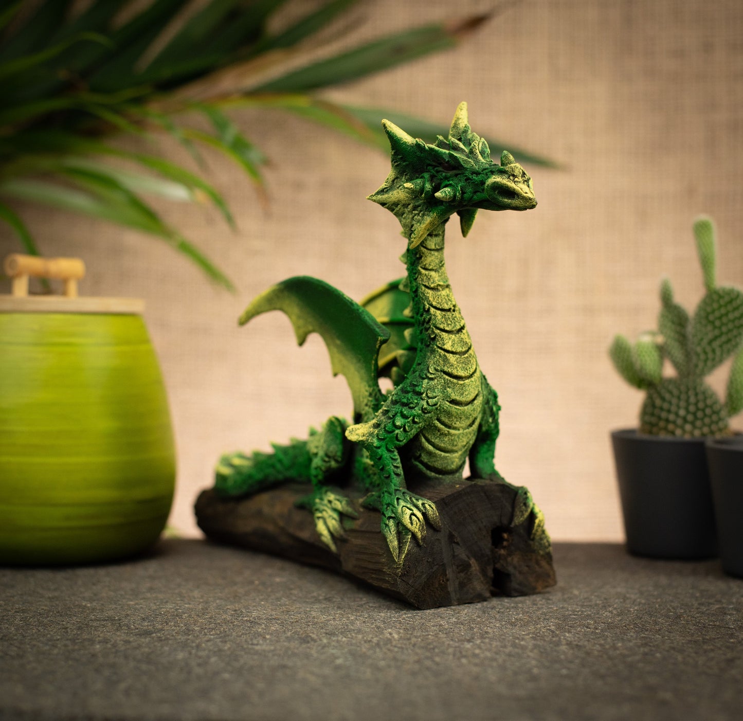 Hand Made Hand Painted Wood-Paste Flying Dragon On A Log