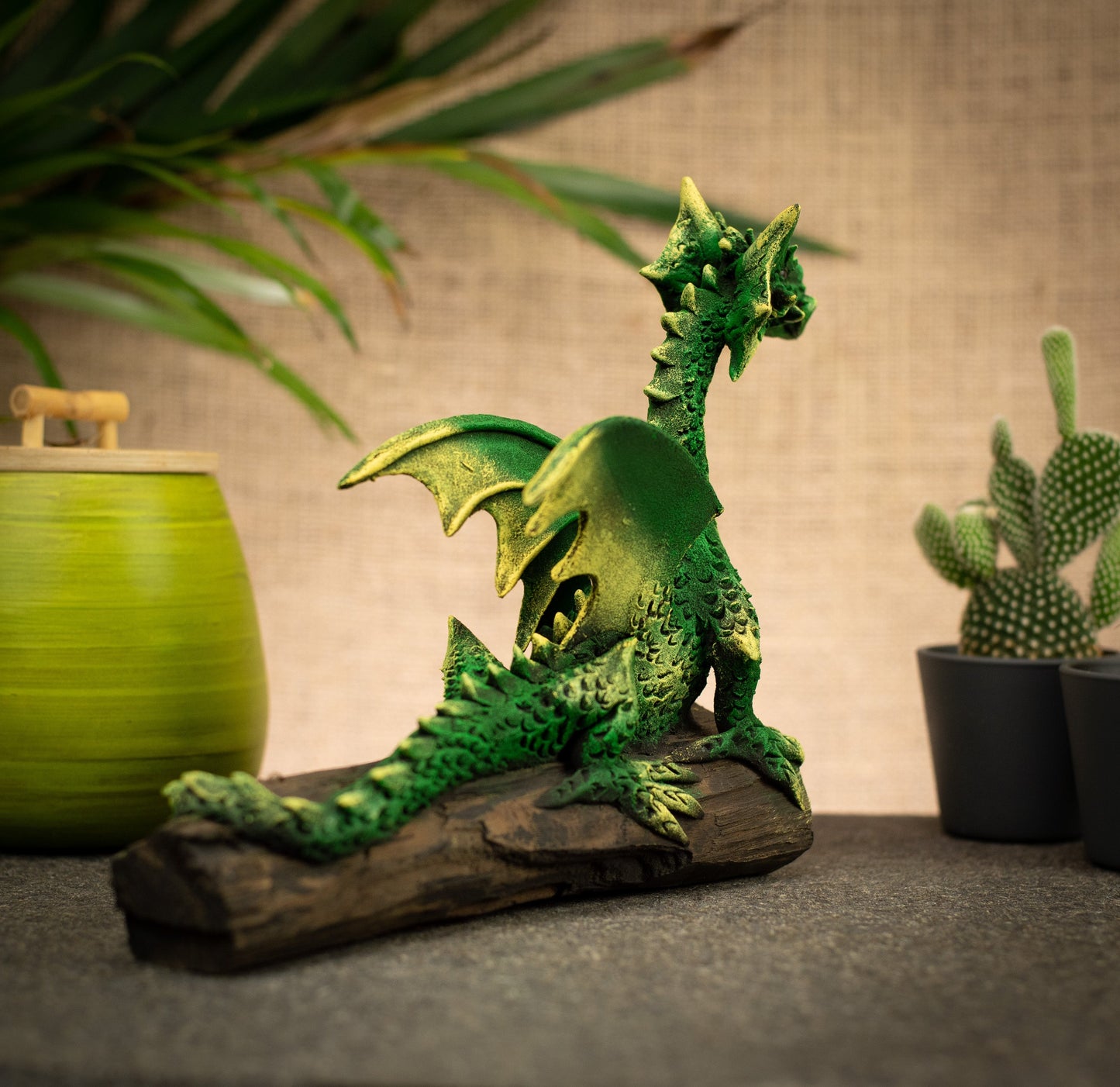 Hand Made Hand Painted Wood-Paste Flying Dragon On A Log