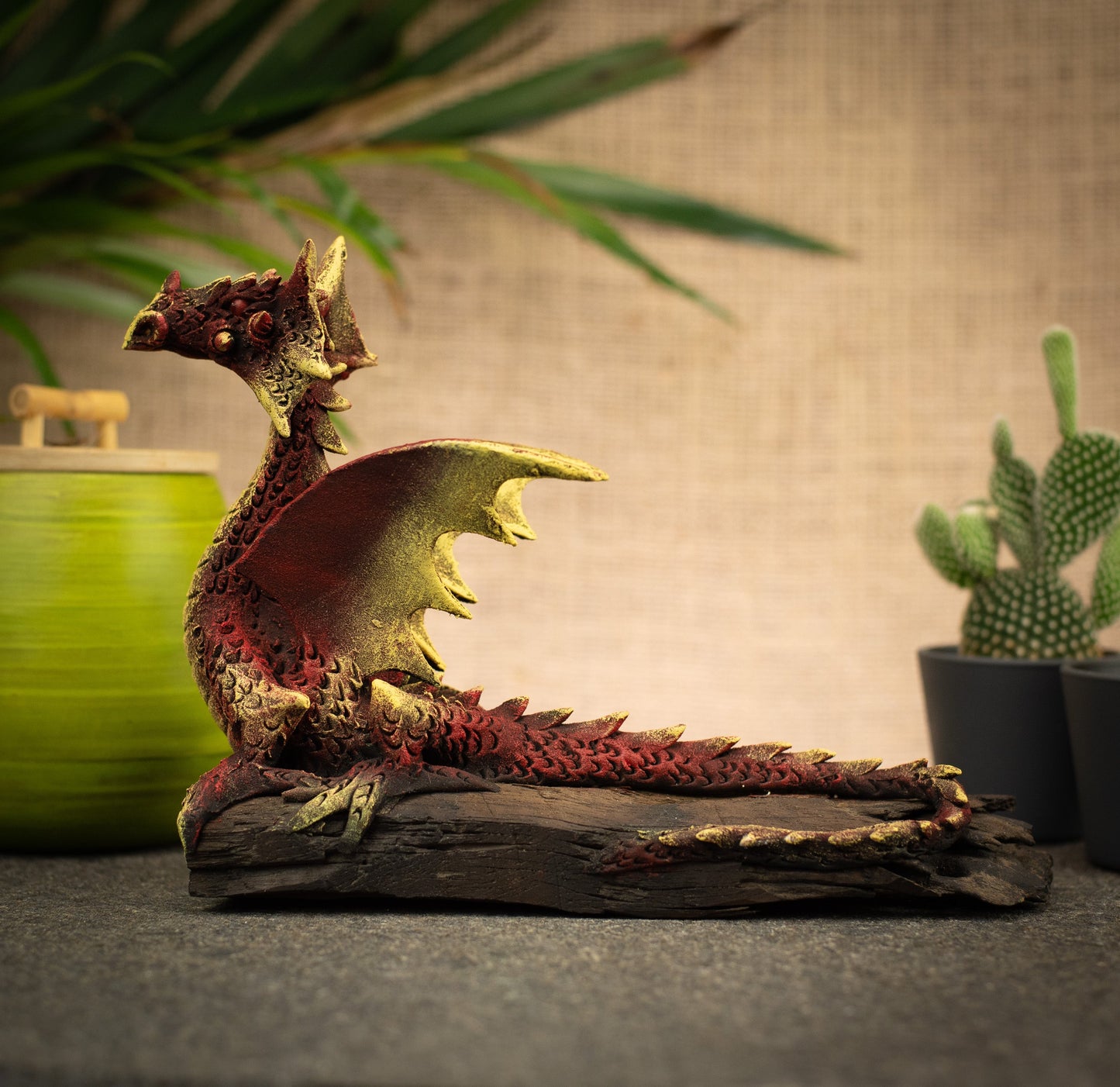 Hand Made Hand Painted Wood-Paste Flying Dragon On A Log