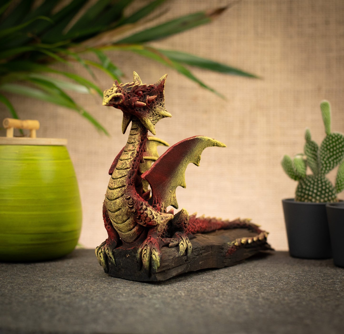 Hand Made Hand Painted Wood-Paste Flying Dragon On A Log