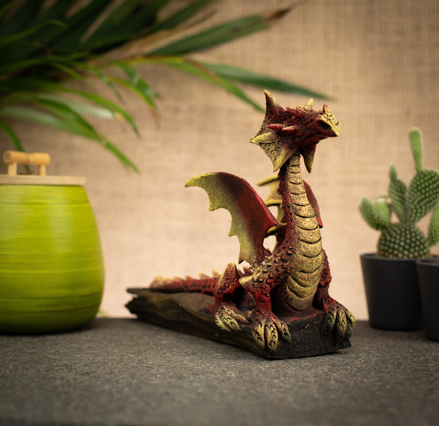 Hand Made Hand Painted Wood-Paste Flying Dragon On A Log