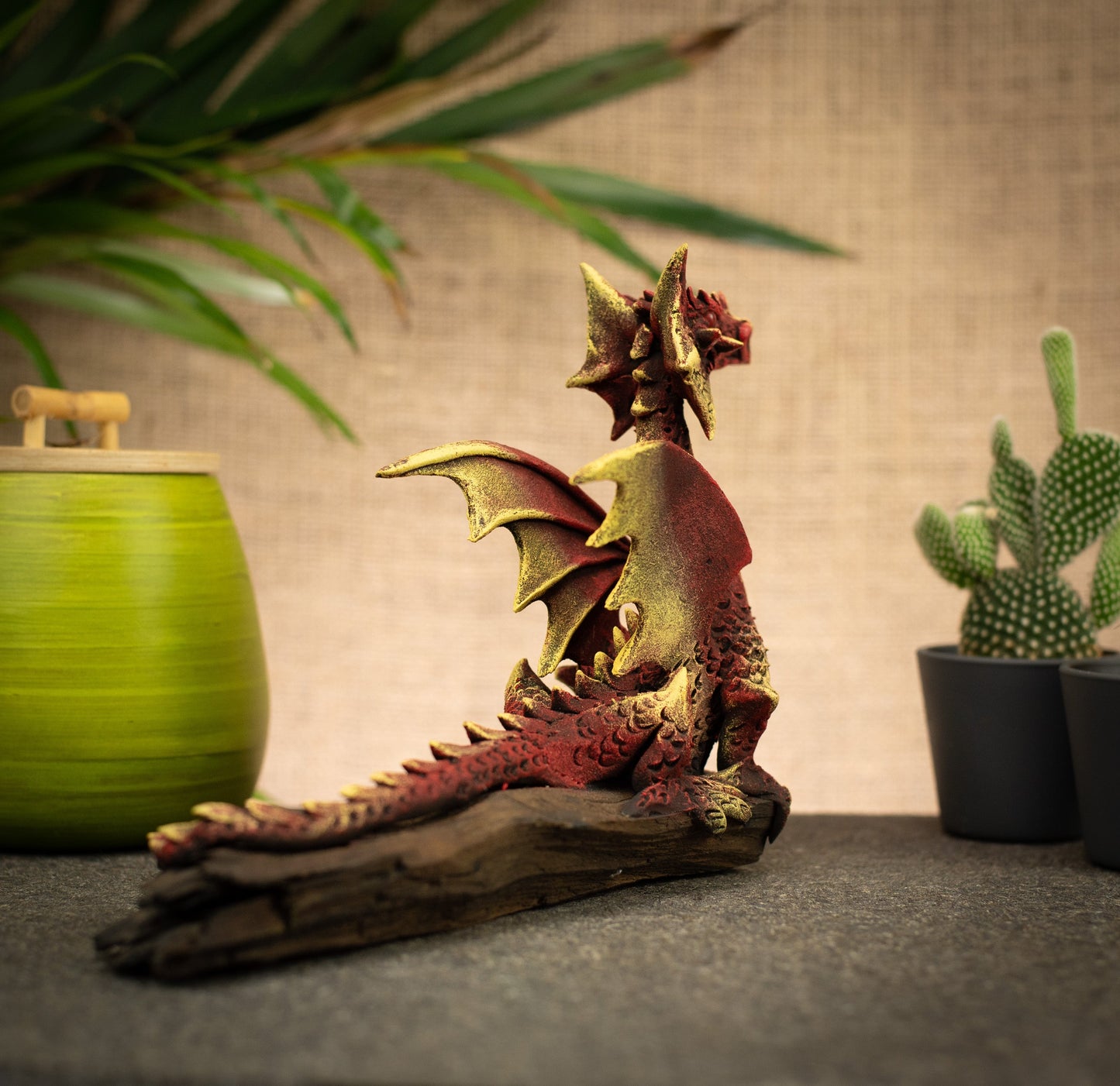Hand Made Hand Painted Wood-Paste Flying Dragon On A Log