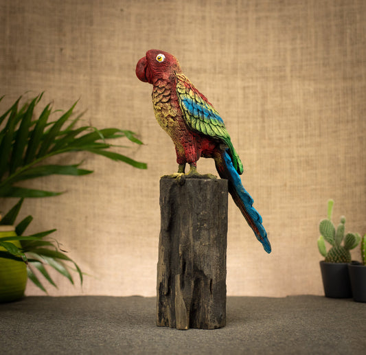 Hand Made Hand Painted Wood-Paste Parrot on Stump