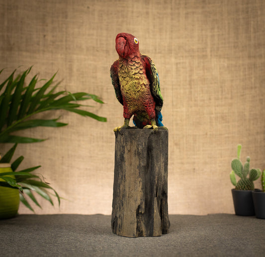 Hand Made Hand Painted Wood-Paste Parrot on Stump