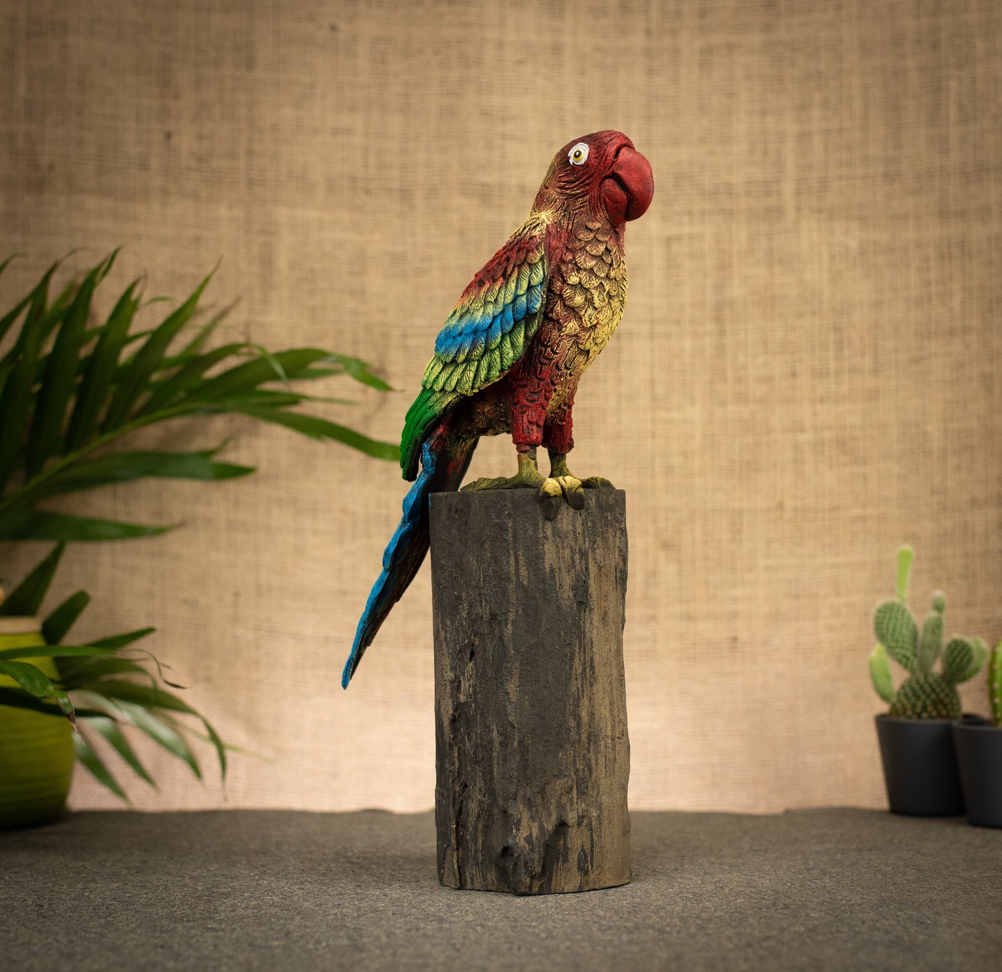Hand Made Hand Painted Wood-Paste Parrot on Stump