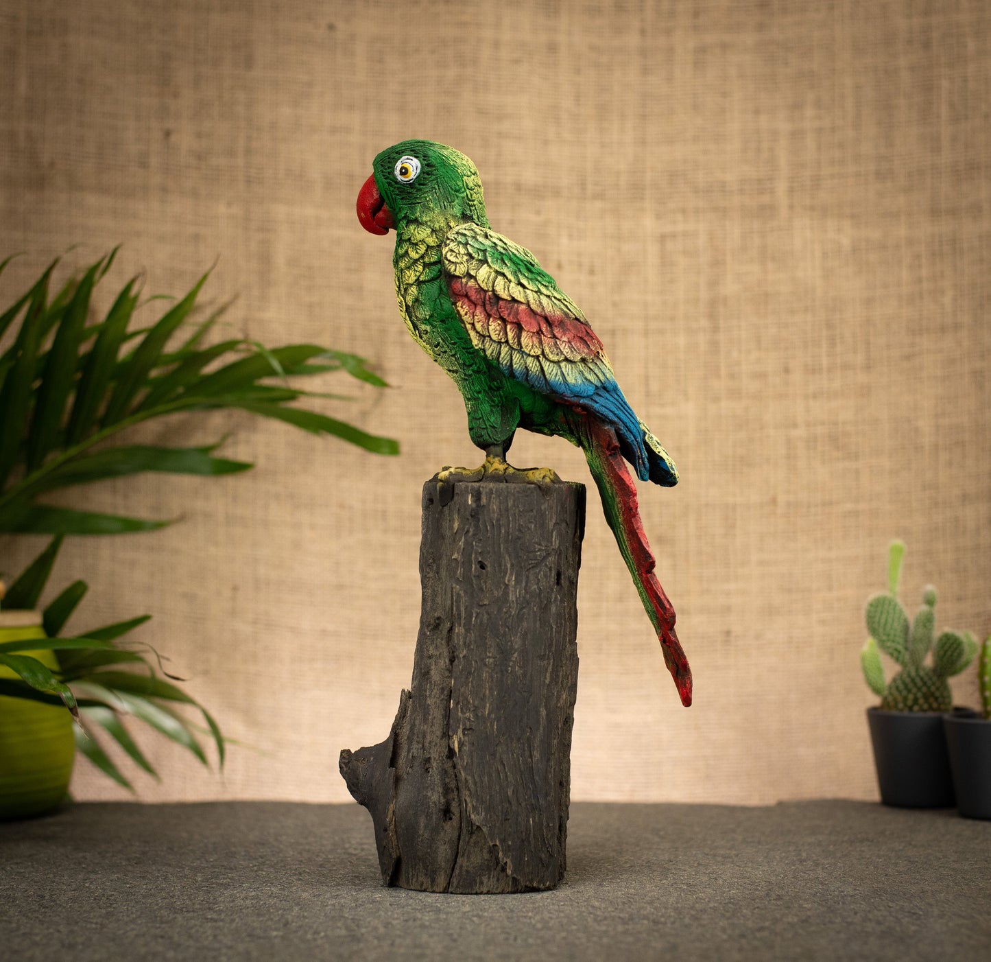 Hand Made Hand Painted Wood-Paste Parrot on Stump