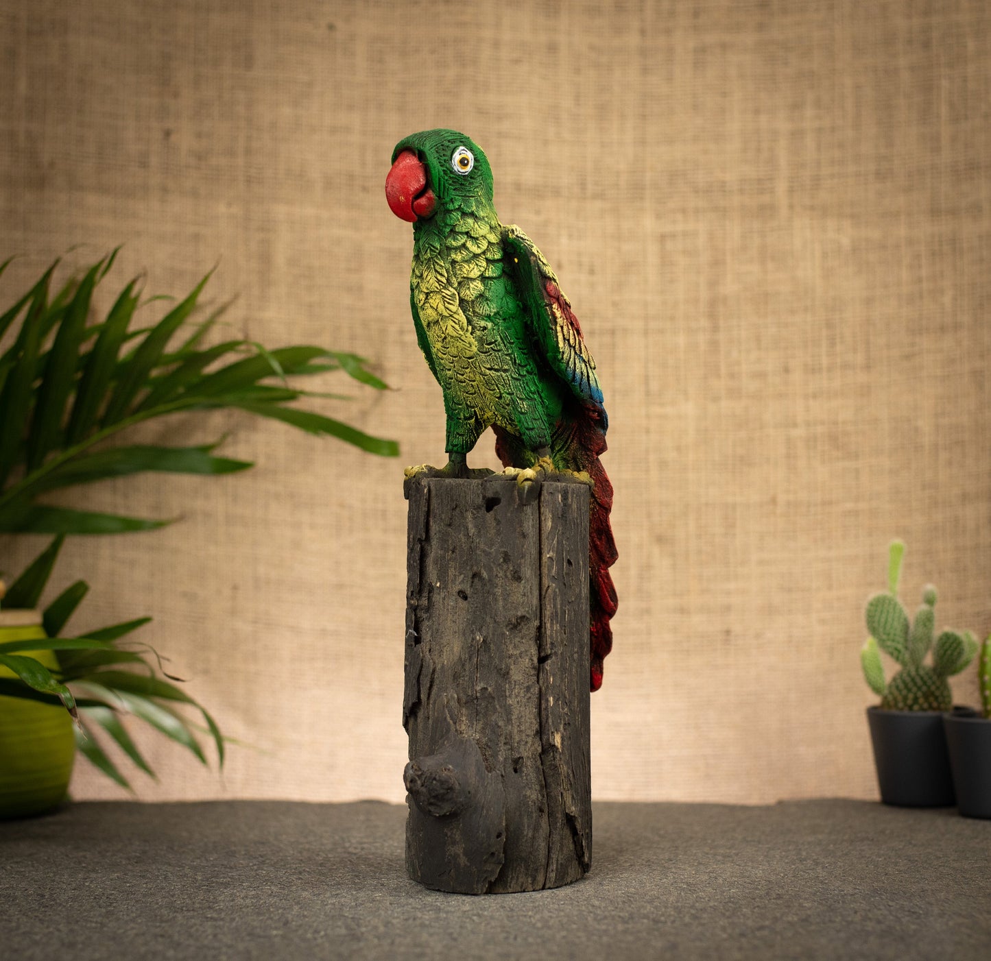 Hand Made Hand Painted Wood-Paste Parrot on Stump