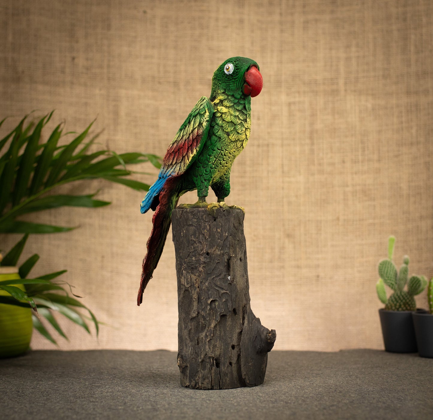 Hand Made Hand Painted Wood-Paste Parrot on Stump
