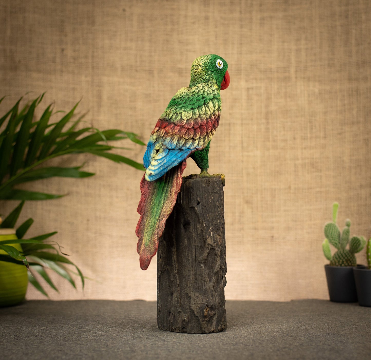 Hand Made Hand Painted Wood-Paste Parrot on Stump