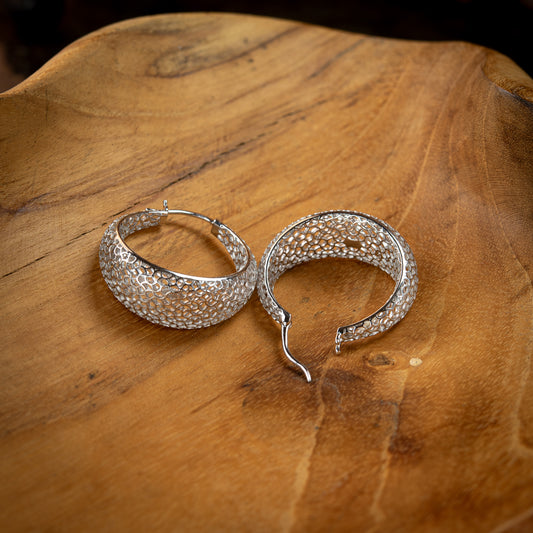 Sterling Silver, Rhodium Plated Geometric Honeycomb Round Hoop Earrings