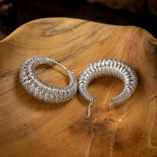 Sterling Silver, Rhodium Plated Geometric Abstract Diamond/Wave Round Hoop Earrings