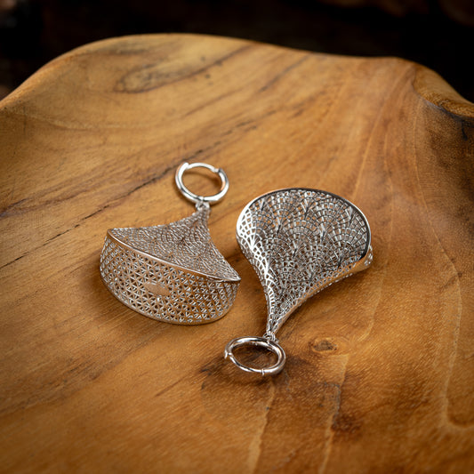 Sterling Silver, Rhodium Plated Geometric Shell Pattern Hoop Earrings