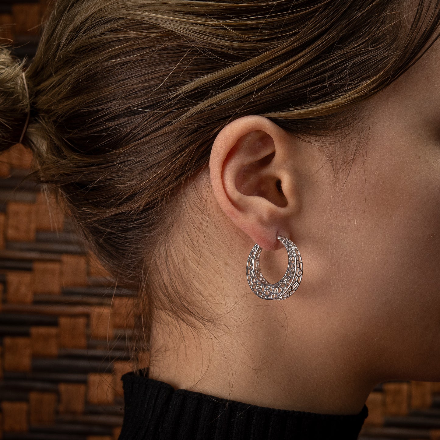 Sterling Silver, Rhodium Plated Geometric Honeycomb Square Hoop Earrings