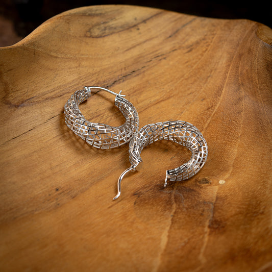 Sterling Silver, Rhodium Plated Geometric Diamond Shape Twist Hoop Earrings