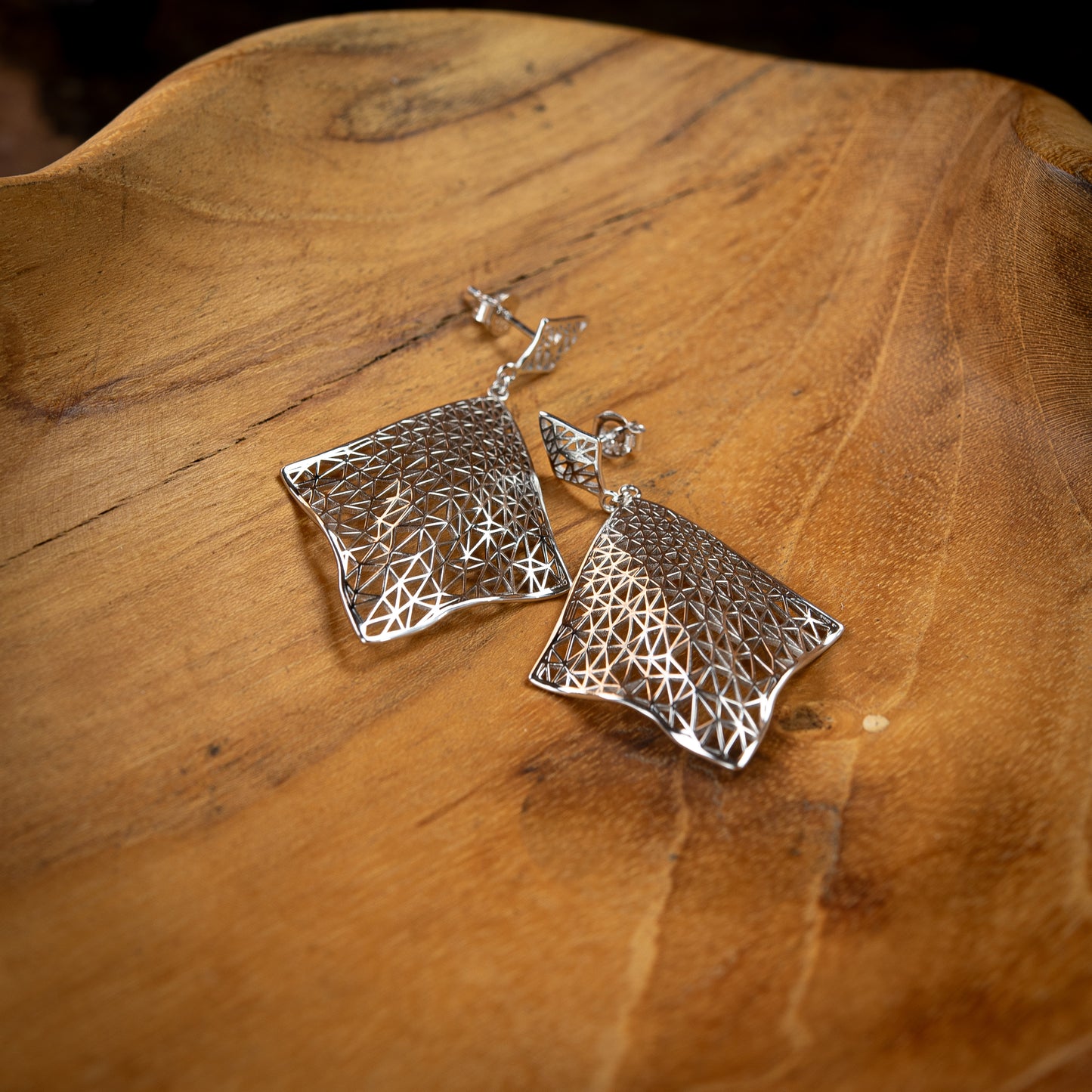Sterling Silver, Rhodium Plated Geometric Diamond Shape Stud Earrings