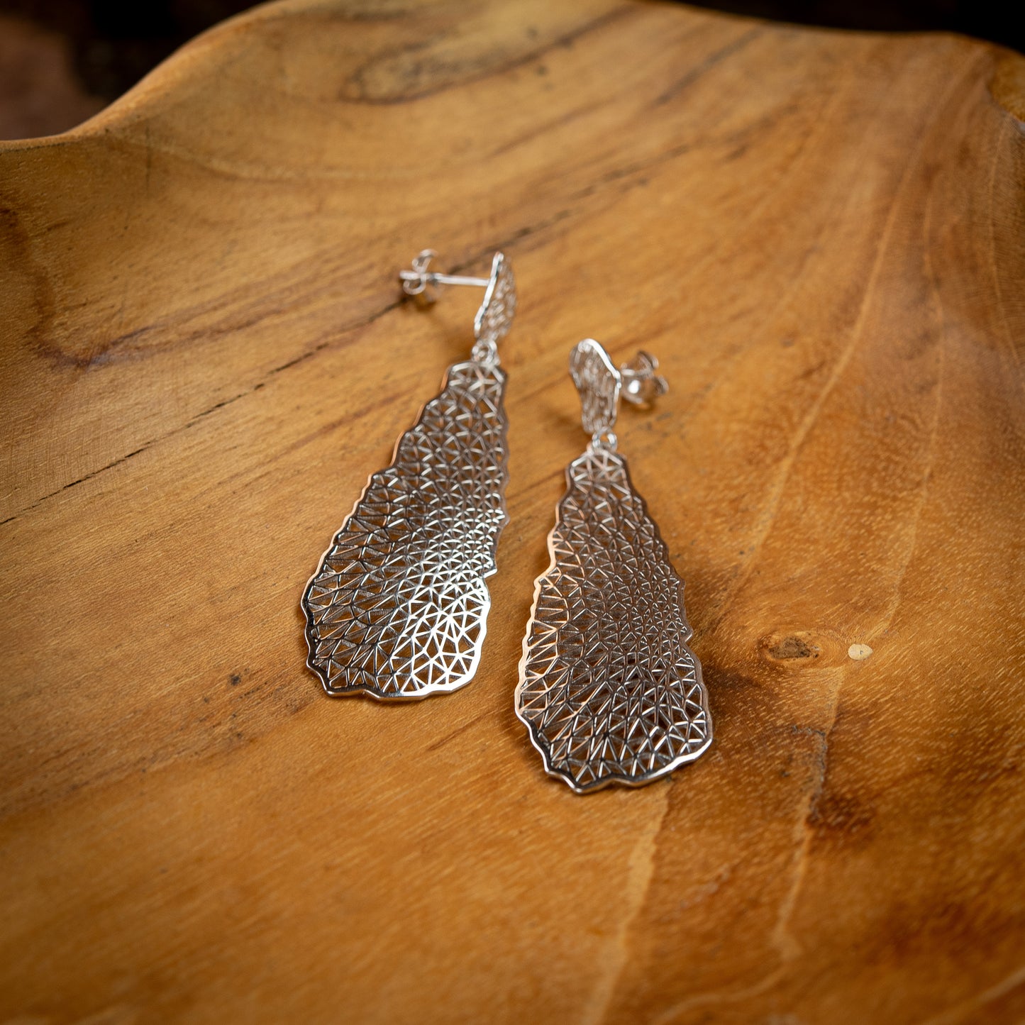 Sterling Silver, Rhodium Plated Geometric Long Abstract Leaf Stud Earrings