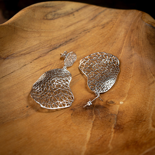 Sterling Silver, Rhodium Plated Organic Geometric Abstract Leaf Stud Earrings